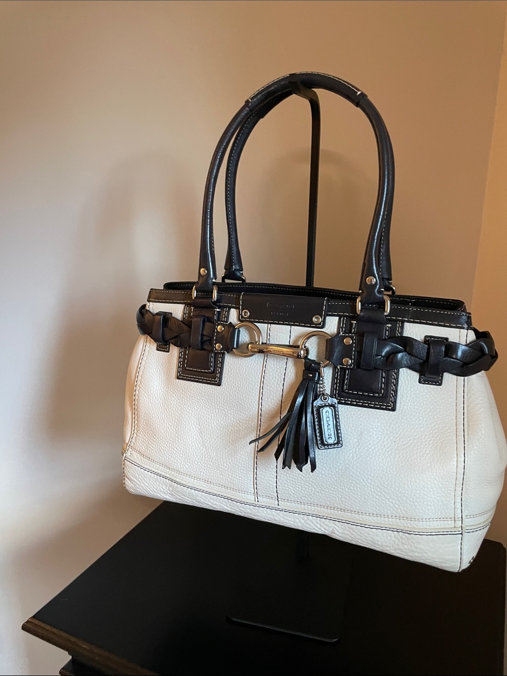 Coach- vintage- 10/10- White and Black Leather Tote with Tassel Accent